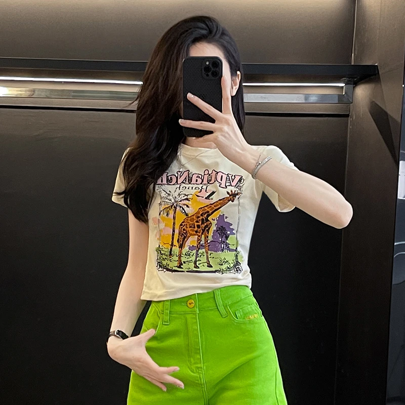 设计感小众高腰显瘦美式高级感趣味印花修身短款超好看短袖T恤 女