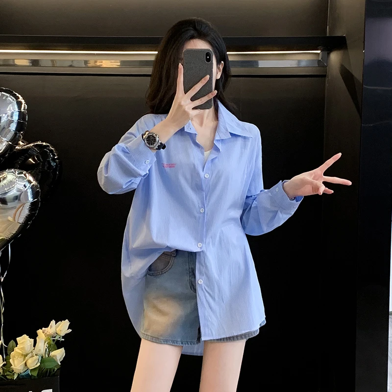 美式复古刺绣防晒衬衫女春秋韩版宽松气质慵懒风蓝色长袖衬衣外套