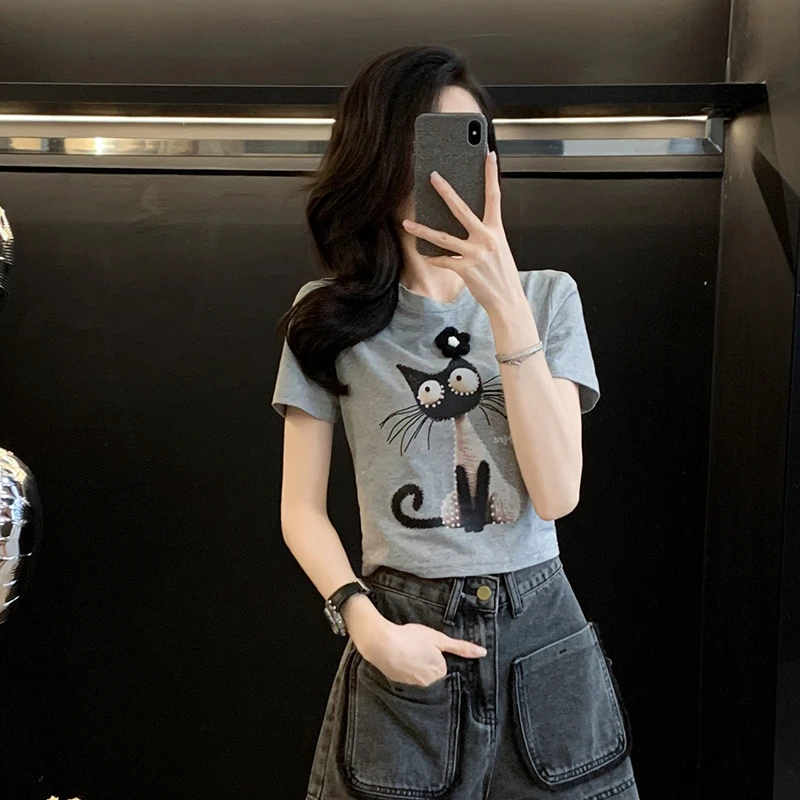 卡通小猫图案刺绣短袖T恤女夏季新款设计感小众洋气短款上衣ins潮