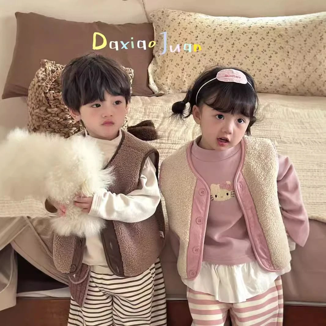 2024秋冬新款羊羔绒加厚保暖女童儿童男宝宝可爱坎肩马甲背心加绒