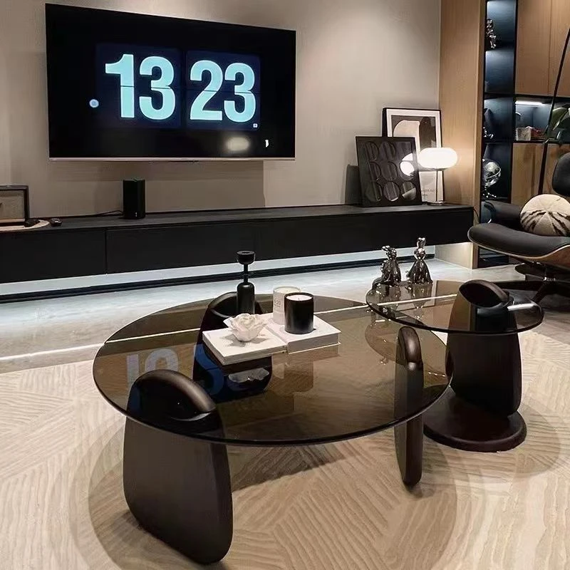 现代简约鲨鱼客厅北欧家用小户型网红圆形小桌子沙发玻璃烤漆组合