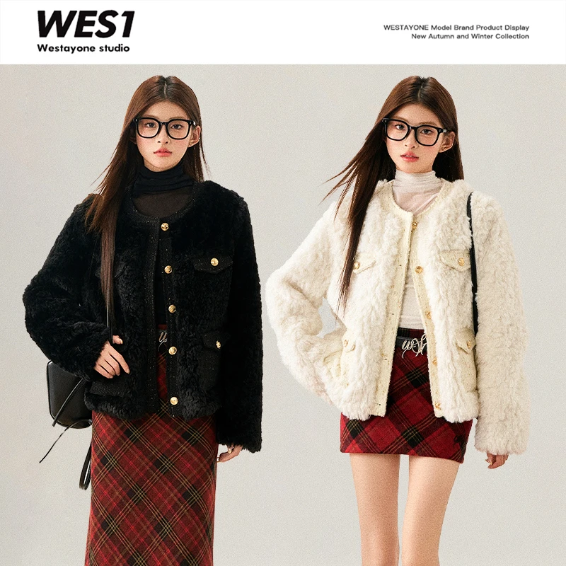 WESTAYONE女秋冬小香风拼接毛绒绒外套