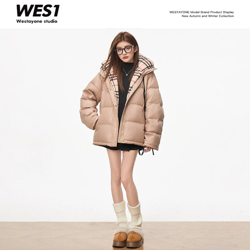 WESTAYONE冬季新款连帽毛呢格纹拼接羽绒外套