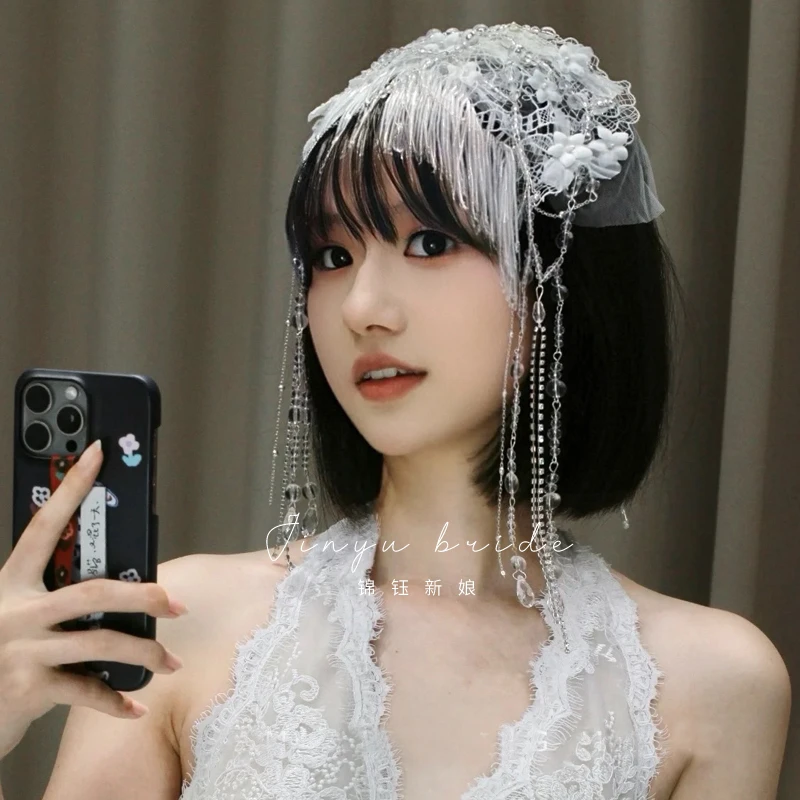 复古珍珠蕾丝流苏帽饰新娘婚纱结婚头饰品样片拍摄造型旅拍高级感