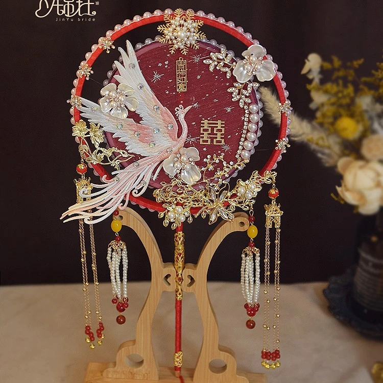 双圈飞鹤成品遮面团扇子红色蕾丝花朵新娘结婚秀禾团扇新中式古风
