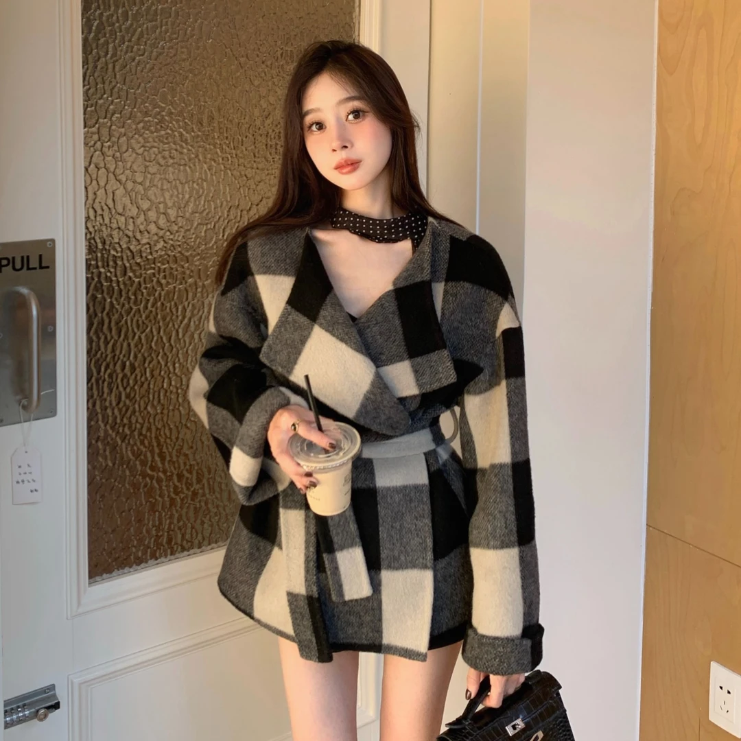 【STAR】双面绵羊毛大衣修身显瘦自制线格子系列气质百搭格子大衣