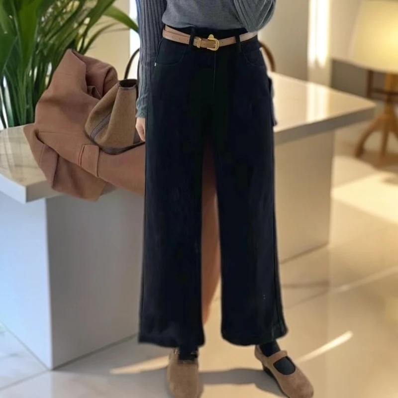 【小杨】冬款黑色.蓝色牛仔女韩版宽松弹力加绒大直筒裤宽腿裤高腰