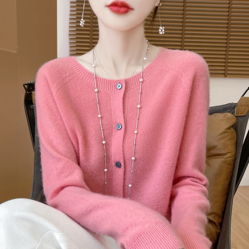 纯羊毛一线成衣桂花针圆领开衫女针织纯色宽松外套百搭显瘦气质