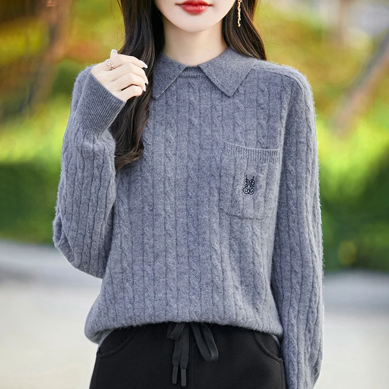 秋冬时尚polo领刺绣羊毛衫女绞花翻领毛衣针织打底衫3353