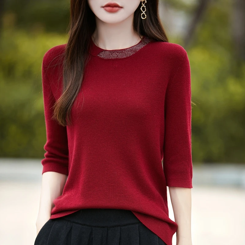 重工镶钻设计~五分袖精纺羊 毛针织衫圆领纯色中袖上衣半袖打底衫
