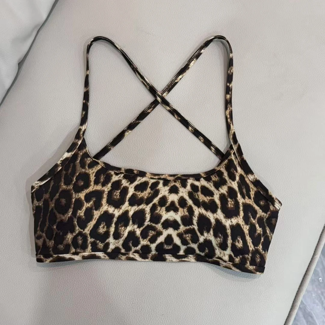 咖棕色豹纹美背 细肩带漏背交叉美背 可拆卸胸垫撸铁健身练背美背