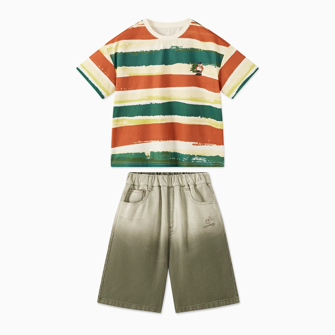 MQD童装儿童24夏时尚条纹撞色宽松儿童T恤休闲套装TCW03Y5