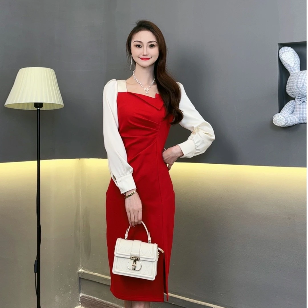 现货2025年春装新款连衣裙包臀长袖法式气质显瘦高级感妈妈装裙子