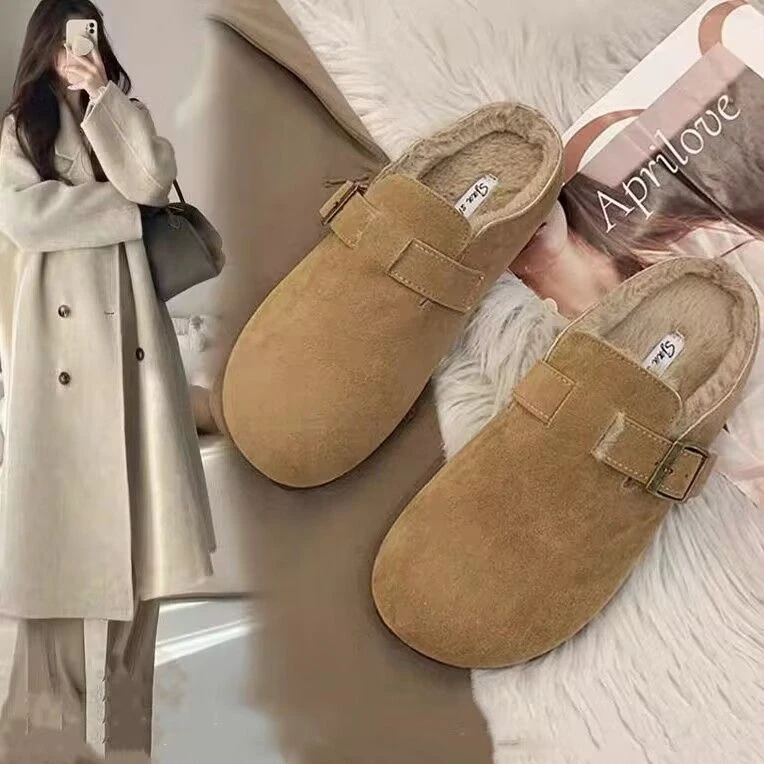 TLIT平底包头半拖软底圆头舒适勃肯鞋法式复古厚绒棉拖鞋网红爆款