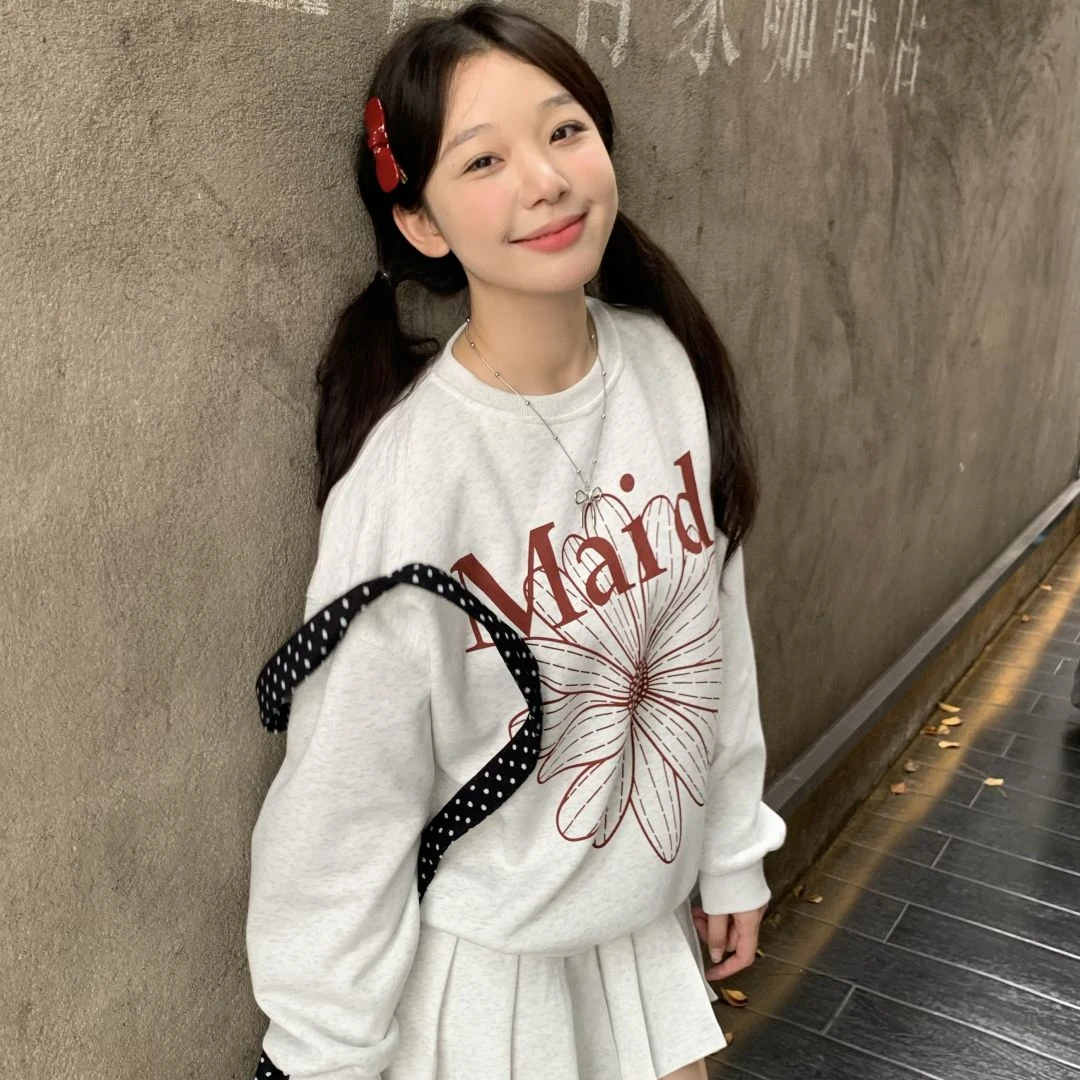 重磅银狐绒加绒加厚圆领卫衣女小雏菊印花美式oversize甜美风外套