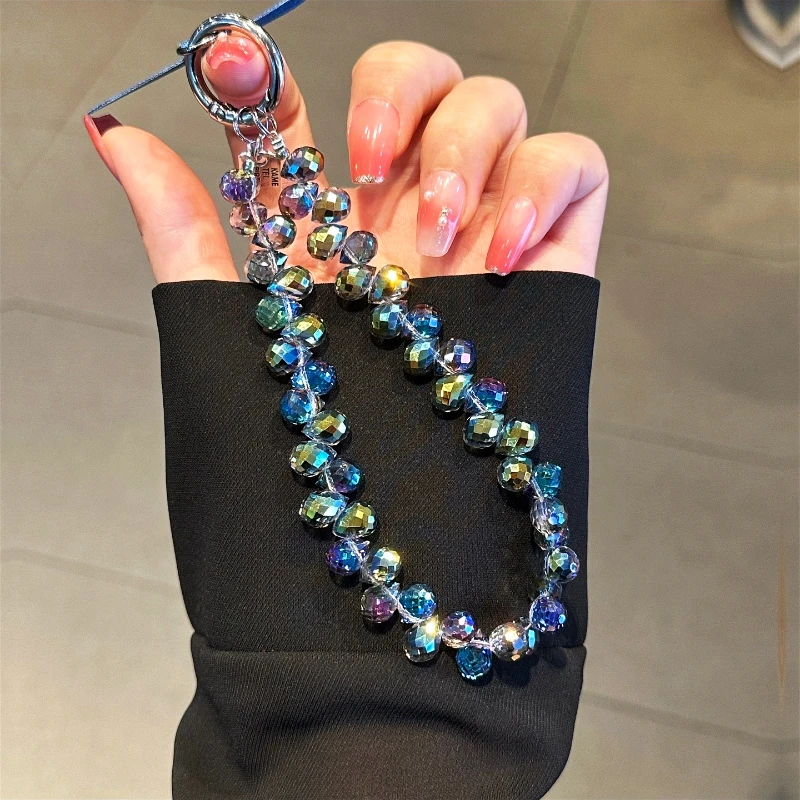 高级缤纷蓝金手机链水晶串珠链条精致挂件挂饰防丢手提挂绳带垫片