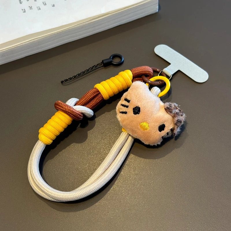 双环棕色可爱KT猫手机挂绳短款手腕绳编织钥匙扣水杯cc防丢手机链