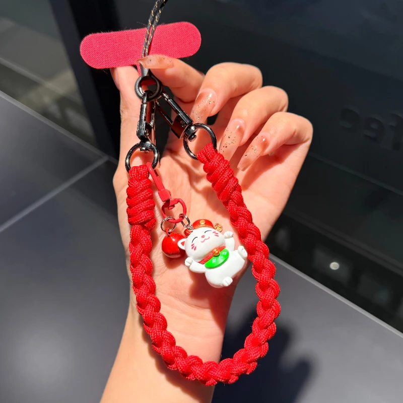 新款年红色招财猫手机挂绳短手提编织相机腕带双扣户外防盗手机链