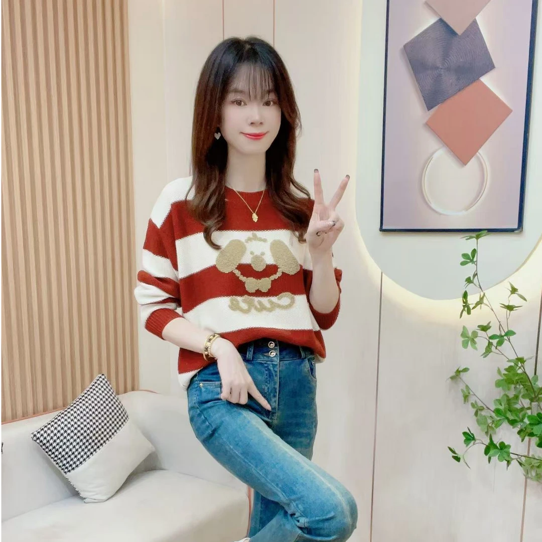 炬雅  新款时尚洋气毛巾绣显瘦百搭撞色条纹秋冬圆领针织上衣