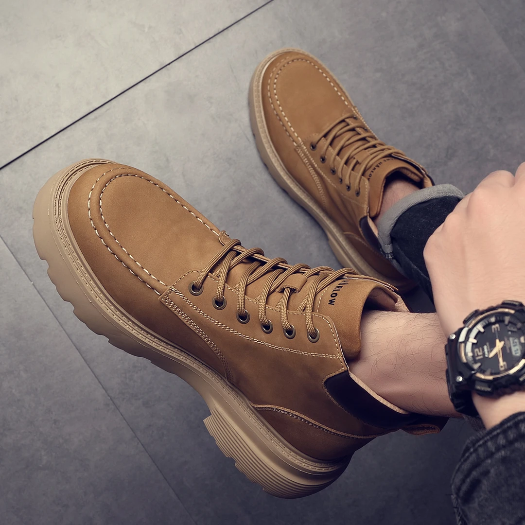 摩蓓头层牛皮马丁靴男士秋冬时尚加绒保暖大黄靴男士轻便厚底靴子