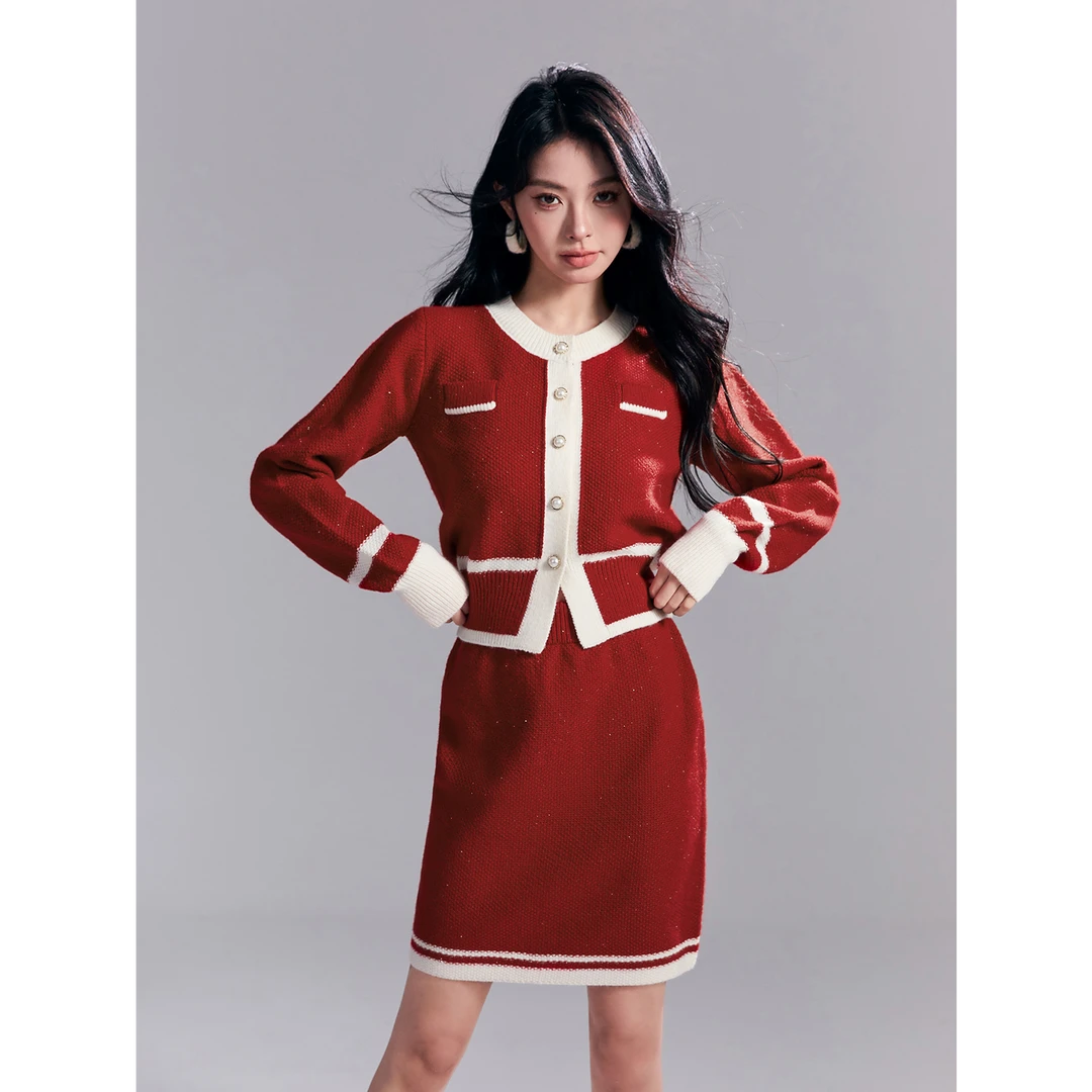 【圣诞套装】撞色软糯节日套装黑色亮片毛衣外套针织半身裙两件套女