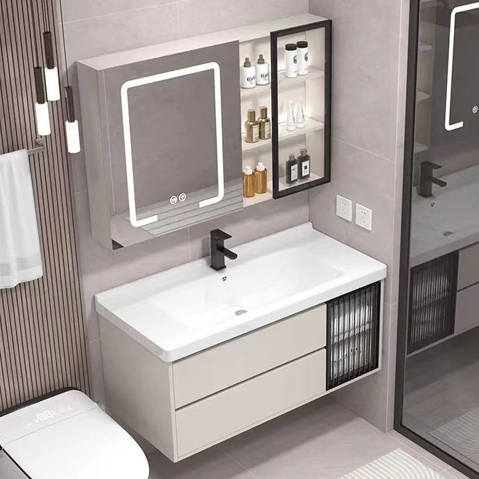 【实木奶咖旗舰】卡其实木双抽屉多层免漆浴室柜洗手盆陶瓷一体盆