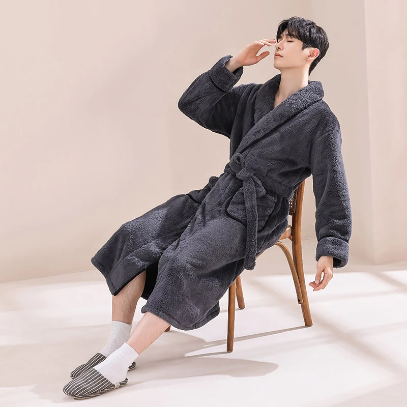 加厚珊瑚绒睡袍男士秋冬季加绒珊瑚绒睡衣冬天家居服长款浴袍晨袍