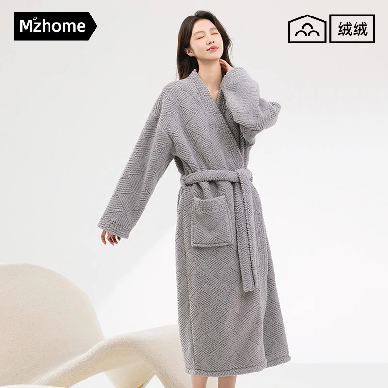 情侣睡袍女秋冬季半边绒加绒加厚保暖珊瑚绒长款晨袍男士毛绒浴袍