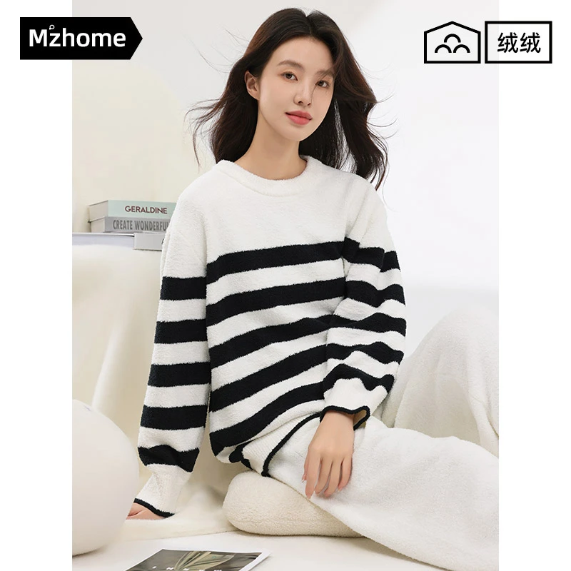 半边绒睡衣女2025新款秋冬季加厚珊瑚绒条纹家居服套装春天可外穿