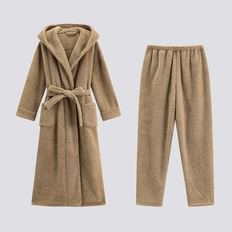 新款半边绒睡衣女秋冬季加厚睡袍珊瑚绒加长款连帽长袍浴袍家居服
