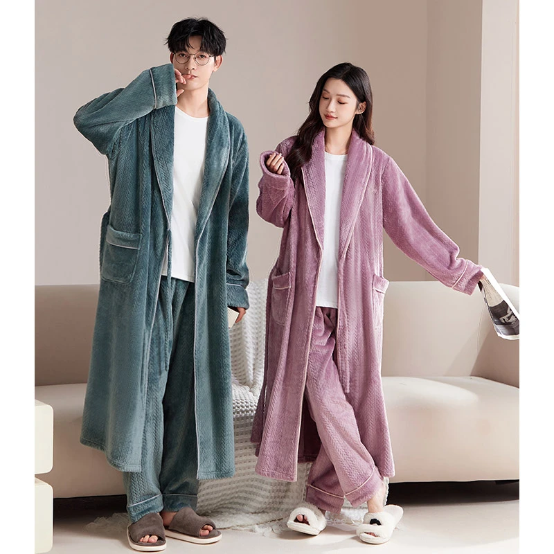 情侣睡袍女加厚法兰绒秋冬季珊瑚绒睡衣长袍冬款男士加绒家居服