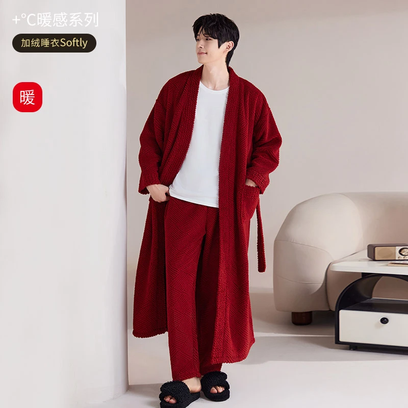 半边绒睡袍男秋冬季加厚珊瑚绒睡衣女浴袍男长款家居服大码晨袍冬
