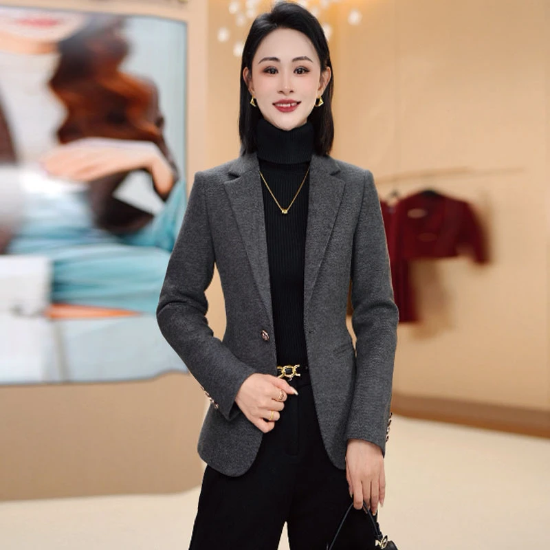 女秋冬款保暖加厚西装外套新爆款小个子气质收腰毛呢女士小西服