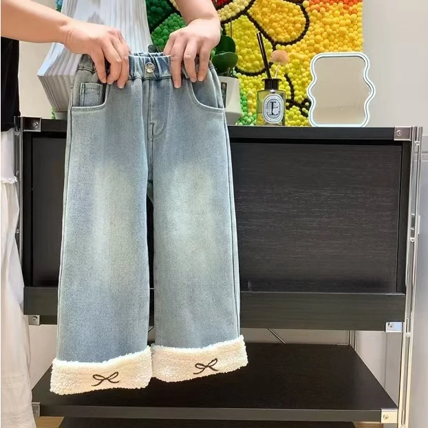 棉小九儿童毛毛翻边加绒直筒牛仔裤（中童）741367