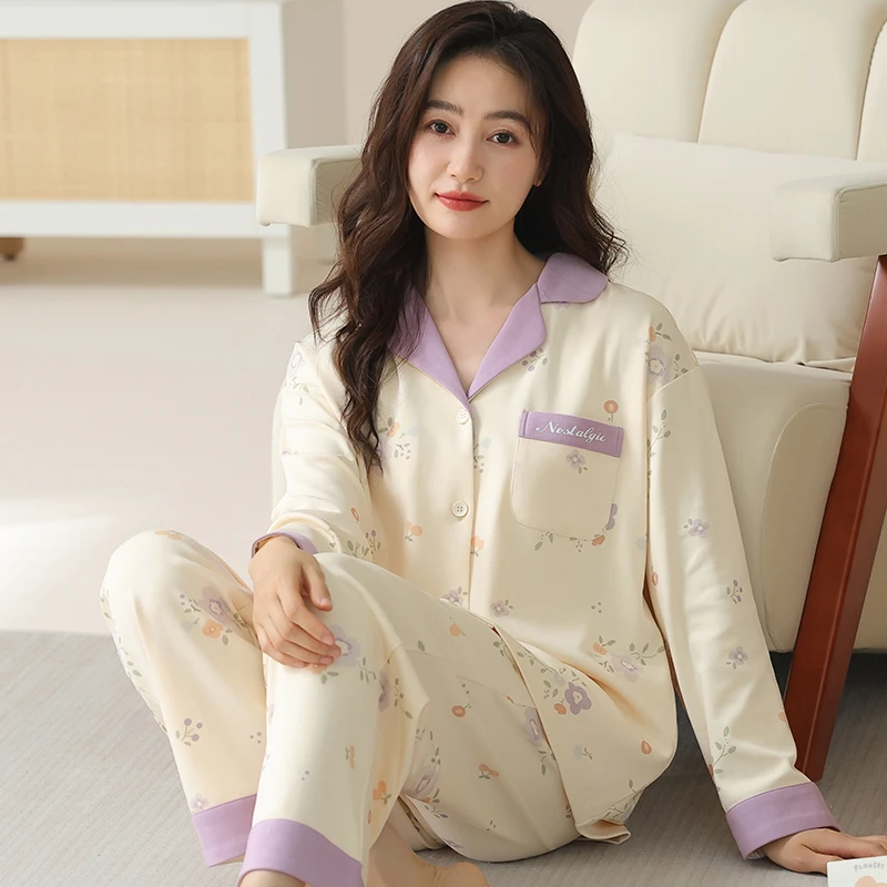 莉莉家新款女士加厚纯棉紫色花开衫休闲长袖长裤睡衣套装款家居服