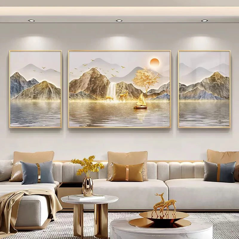 旭日东升山水画客厅挂画大气高档三联画现代轻奢沙发背景墙装饰画
