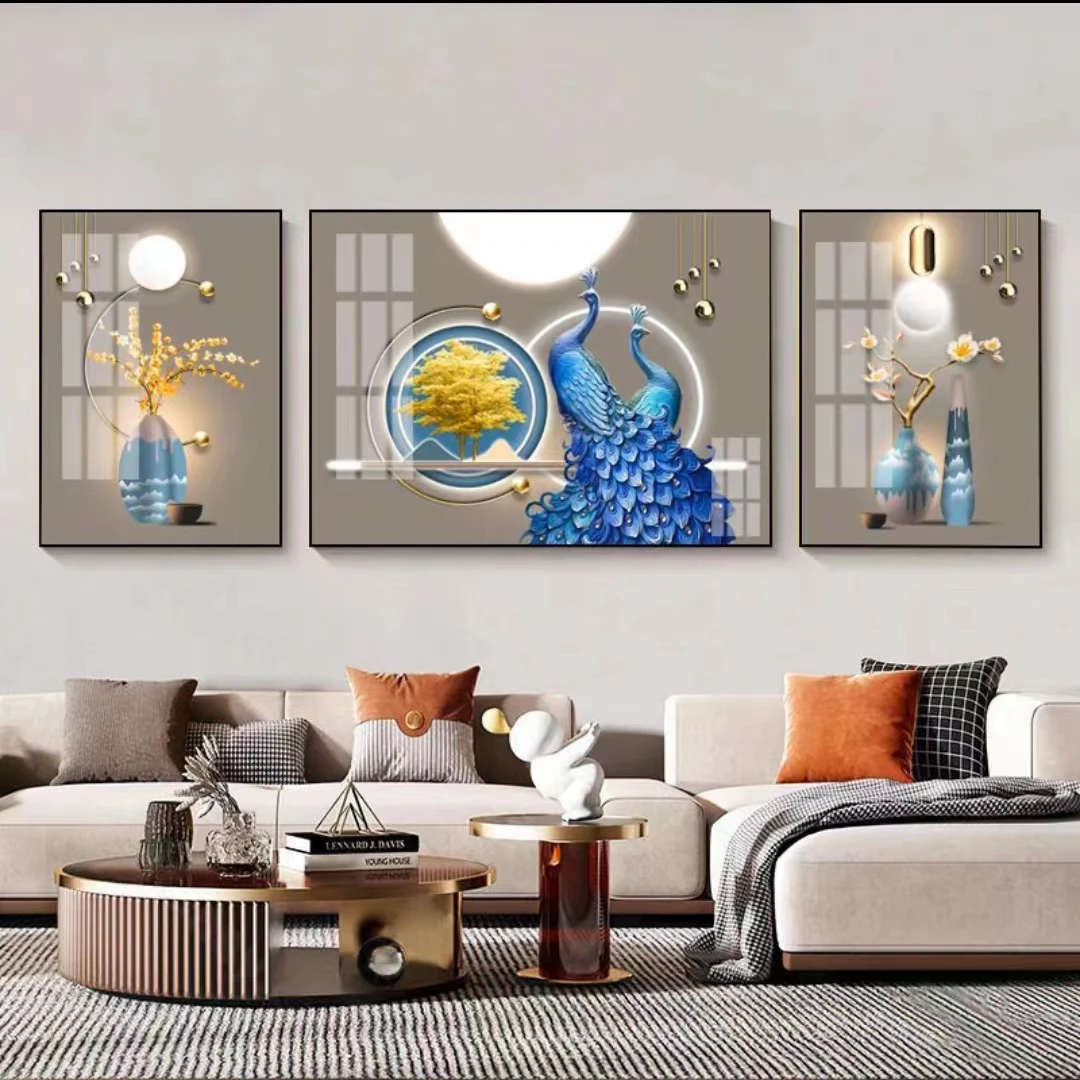 轻奢客厅装饰画高级感孔雀现代沙发背景墙挂画富贵平安高档三联画