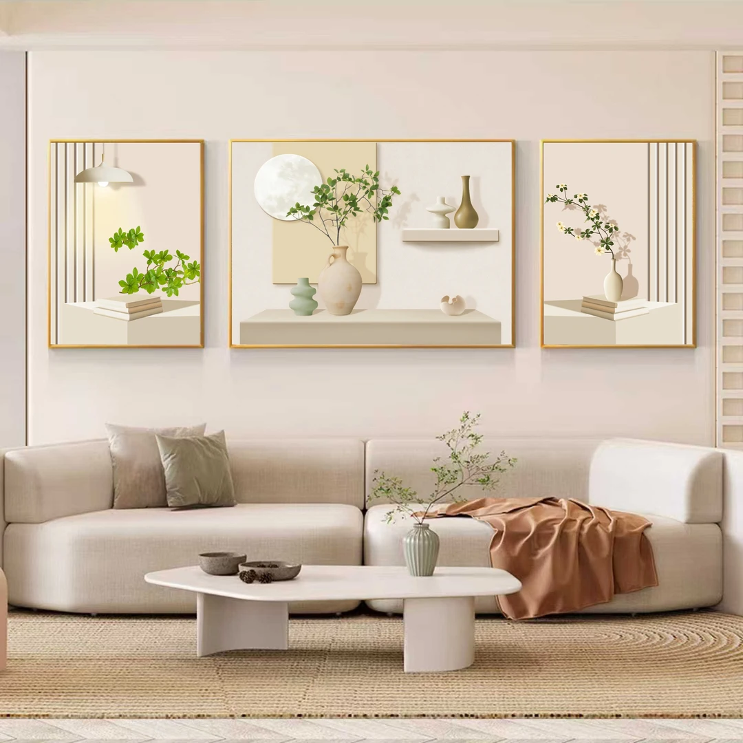 现代简约客厅装饰画高级感大气沙发背景墙挂画光影绿植三联壁画