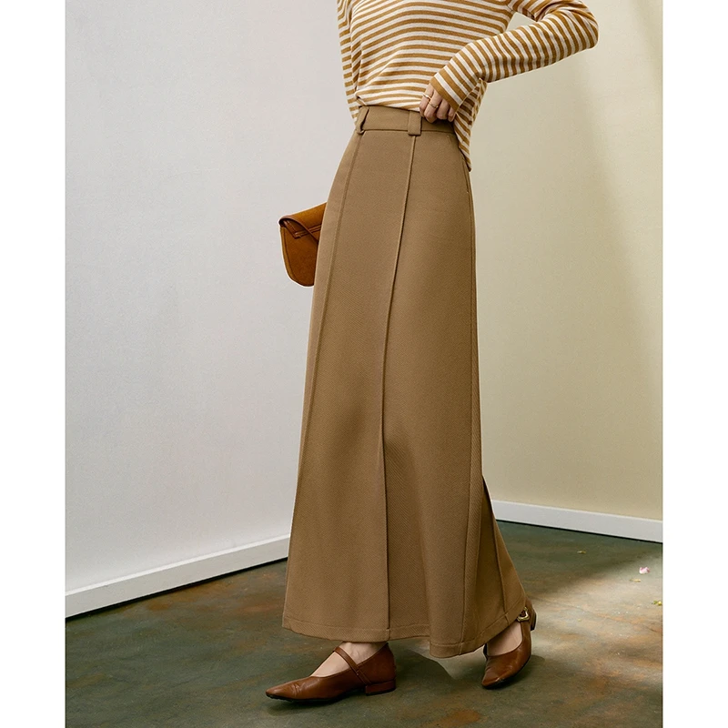 晚白春季新款修身长裙纯色时尚高腰A摆休闲半身裙24092042