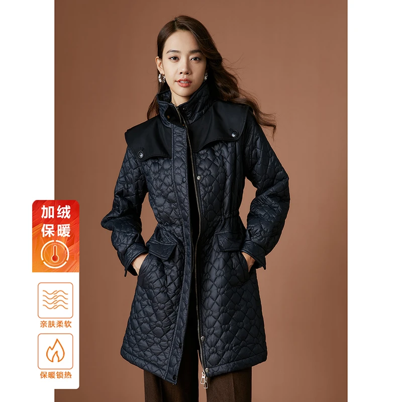 晚白冬季新款百搭修身厚外套时尚简约休闲翻领夹棉棉服女23011313