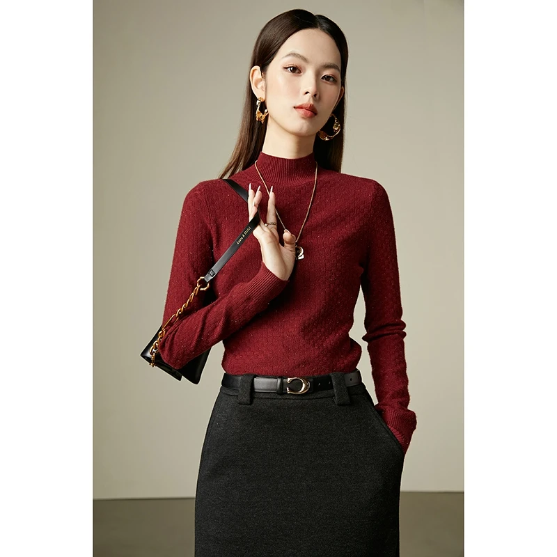 晚白春款简约打底红色毛衣内搭气质半高领针织衫女24090467