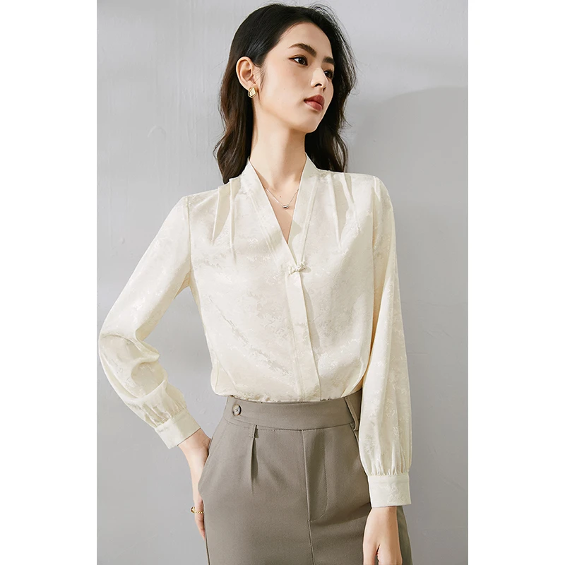 晚白早秋新款气质V领新中式暗纹提花气质减龄百搭衬衫女24010320