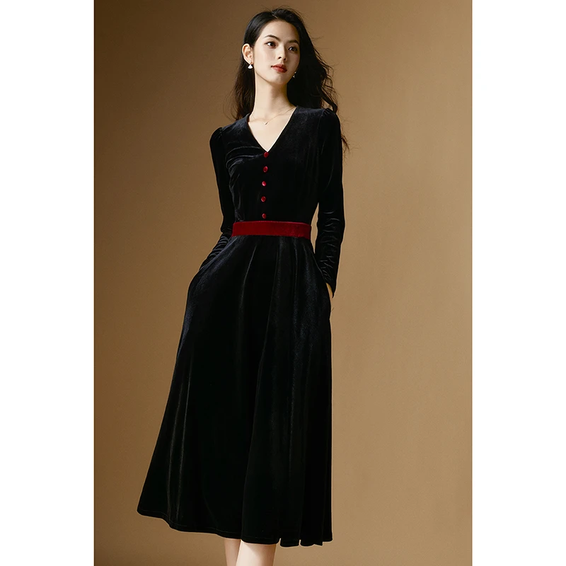 晚白春季新款气质V领淑女长裙优雅贵气感高腰连衣裙24061936