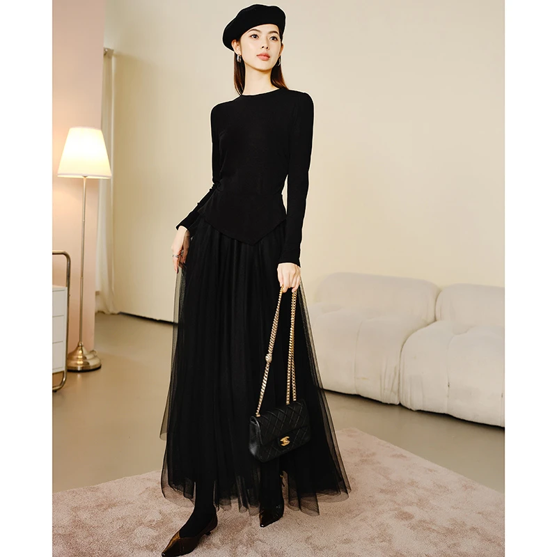 晚白春新款时尚简约裙子休闲拼接网纯色百搭连衣裙24081517