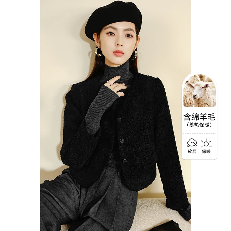 晚白冬新款时尚简约绵羊毛上衣纯色短款摇粒绒外套女24071266