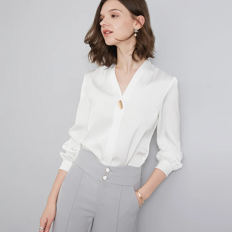 晚白春新品简约纯色V领通勤时尚套头上衣衬衫衬衣女21120951