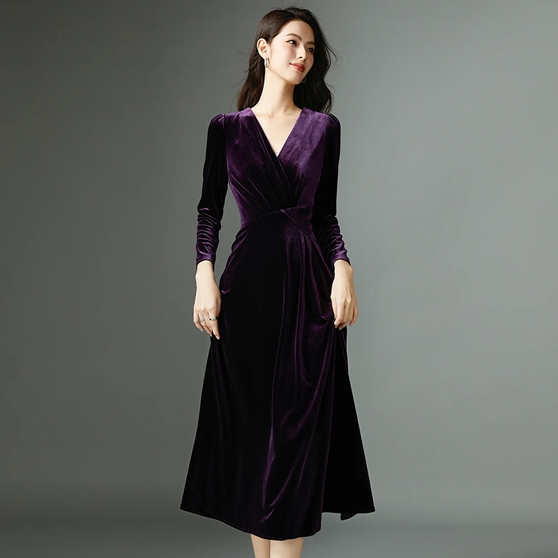 晚白春季款时尚简约气质裙子休闲百搭纯色丝绒连衣裙24072534