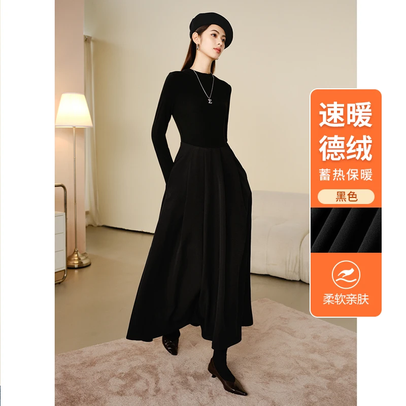 晚白春新款时尚赫本风裙子休闲纯色百搭拼接连衣裙24073176