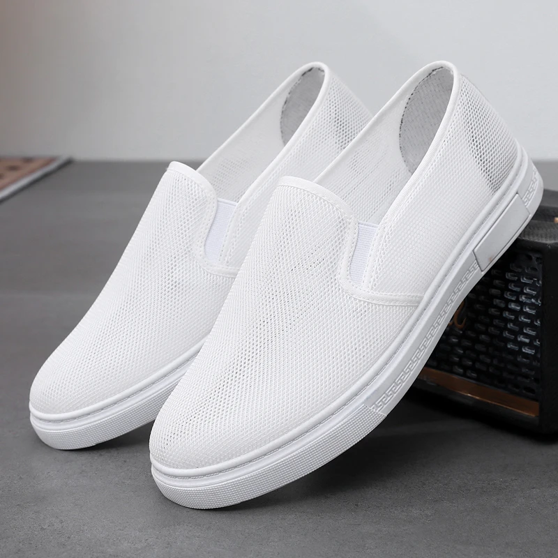 男士夏季透气网鞋一脚蹬防滑镂空网孔薄款网眼男鞋网面鞋小白鞋男