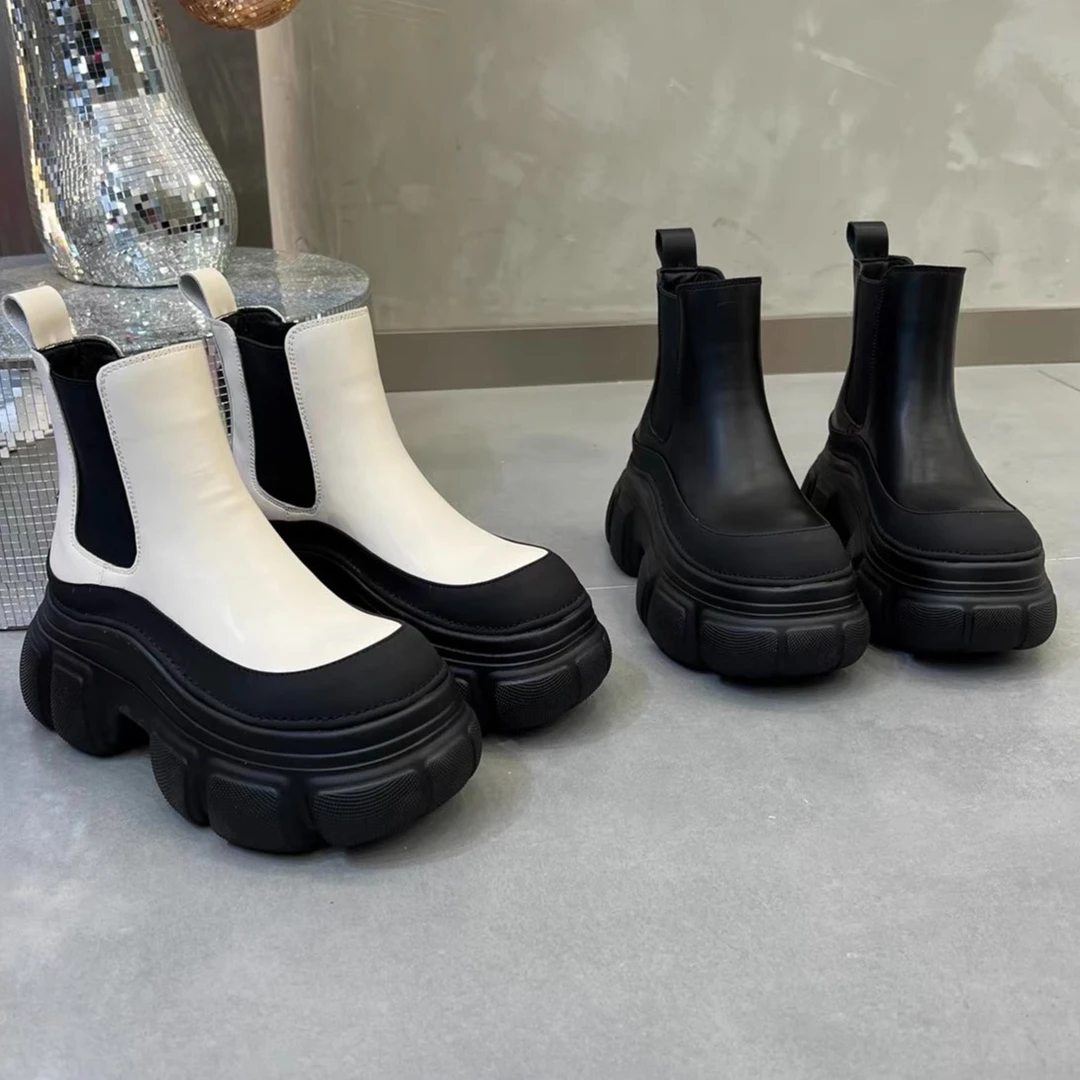 大棉欧货皮面烟筒靴女松紧口2023冬季新款松糕底大头增高短靴潮